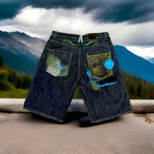 Vintage Y2K G-Unit Embroidered/Print Denim Shorts Men’s 36/15 Dark Blue Green